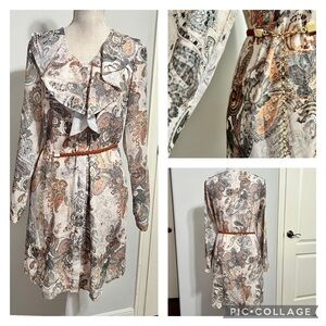 Antonio Melani Neutral Paisley Tailored Shirt Dress w/ Belt Size 2